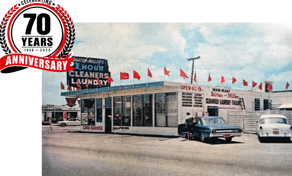 Barton & Miller Cleaners original Wilton Manors dry cleaning shop with 70 years anniversary badge, 1956 to 2026
